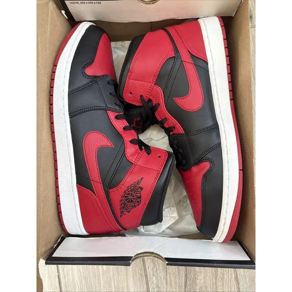 Size 14 Nike Air Jordan 1 Mid Bred Black Red Men's 554724-074 OG BOX